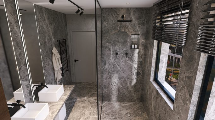 Modernes Badezimmer in der Farbkombination Grau und Schwarz von JM Interior Design.