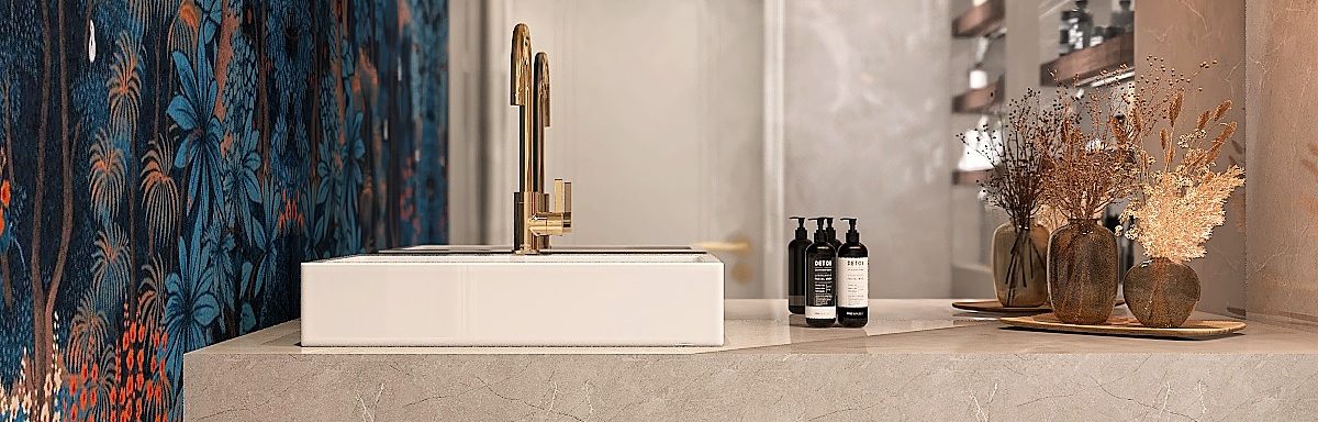 Modernes Gästebad von JM Interior Design Gästebad mit Tapete - 3D-Visualisierung von JM Interior Design