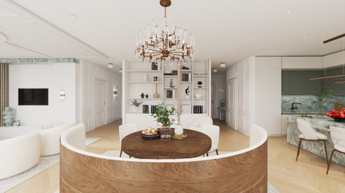 Offener Wohn- und Essbereich in einem luxuriösen Pariser Apartment. Konzept von JM Interior Design