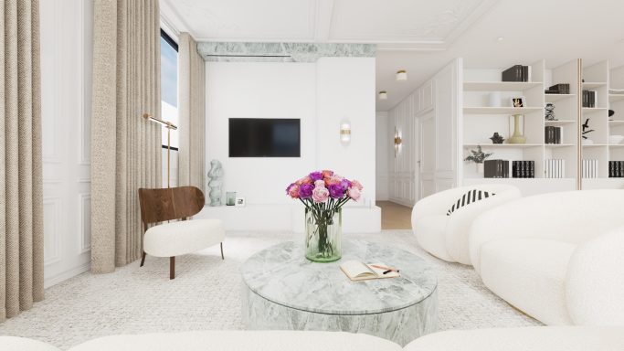 Helles Wohnzimmer mit grünem Marmor von JM Interior Design